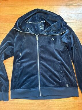 Calvin Klein Dark Blue Velour Hoodie with Logo Trim